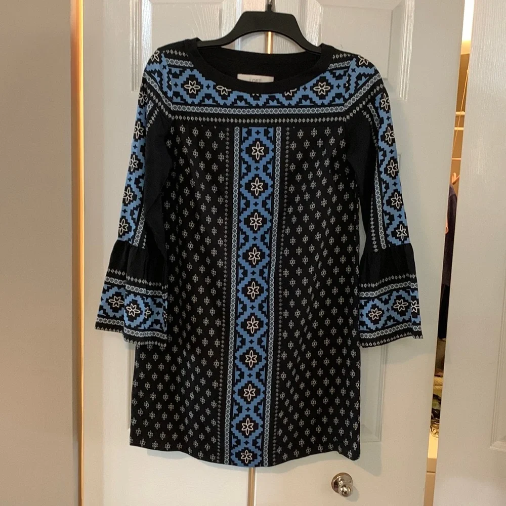 Loft black and blue border print tunic top/mini dress w bell sleeves sz XSP - Picture 1 of 5